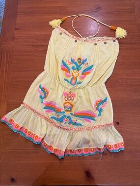 Yellow Embroidered Halter Mini Dress with Tassel Ties